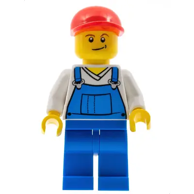 Overalls Blue over V-Neck Shirt, Blue Legs, Red Short Bill Cap, Crooked Smile