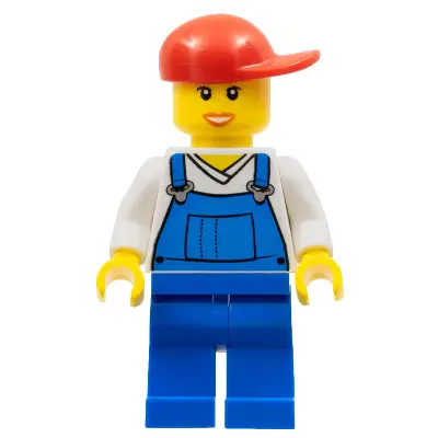 Overalls Blue over V-Neck Shirt, Blue Legs, Red Short Bill Cap, Open Mouth Smile