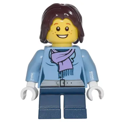 Medium Blue Jacket with Light Purple Scarf, Dark Blue Short Legs, Dark Brown Mid-Length Tousled Hair