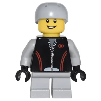 Leather Jacket with Zipper, Red Lines and Logo Pattern, Light Bluish Gray Short Legs, Light Bluish Gray Sports Helmet