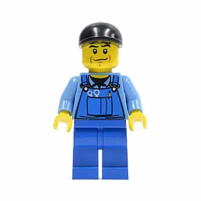 Overalls with Tools in Pocket Blue, Black Short Bill Cap, Chin Dimple