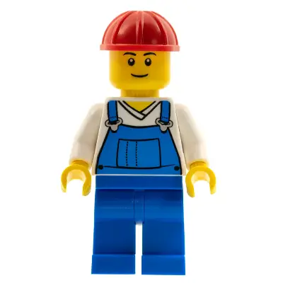 Overalls Blue over V-Neck Shirt, Blue Legs, Red Construction Helmet