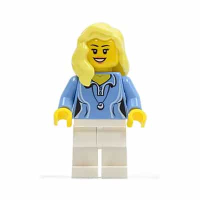 Medium Blue Female Shirt with Two Buttons and Shell Pendant, White Legs, Bright Light Yellow Female Hair over Shoulder