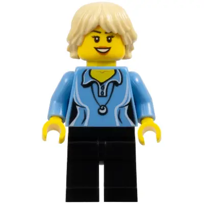 Medium Blue Female Shirt with Two Buttons and Shell Pendant, Black Legs, Tan Tousled and Layered Hair