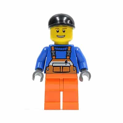 Overalls with Safety Stripe Orange, Orange Legs, Black Short Bill Cap, Brown Eyebrows, Open Mouth Smile