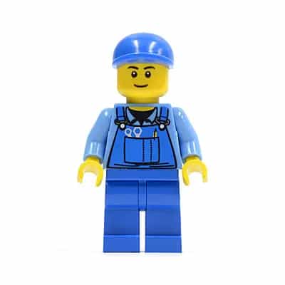 Overalls with Tools in Pocket Blue, Blue Short Bill Cap, Thin Grin
