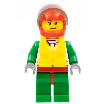 Octan - Jacket with Red and Green Stripe, Red Hips and Green Legs, Red Helmet, Trans-Brown Visor, Smirk and Stubble Beard, Life Jacket Center Buckle