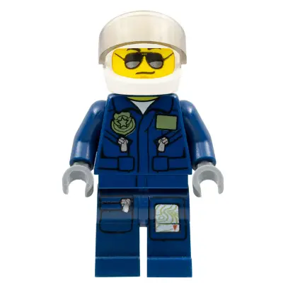 Forest Police - Helicopter Pilot, Dark Blue Flight Suit with Badge, Helmet, Black and Silver Sunglasses, Black Eyebrows