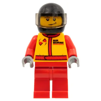 Monster Truck Driver, Racing Suit with Airborne Spoilers Logo, Black Helmet with Trans-Brown Visor, Crooked Smile