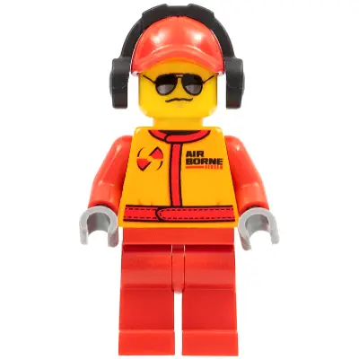 Monster Truck Mechanic, Racing Suit with Airborne Spoilers Logo, Red Cap with Hole, Headphones, Black and Silver Sunglasses