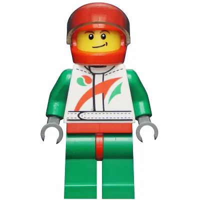 Race Car Driver, White Racing Suit with Octan Logo, Red Helmet with Trans-Brown Visor, Crooked Smile with Black Dimple