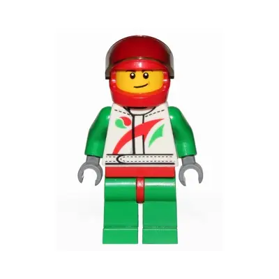 Race Car Driver, White Racing Suit with Octan Logo, Red Helmet with Trans-Brown Visor, Crooked Smile with Brown Dimple