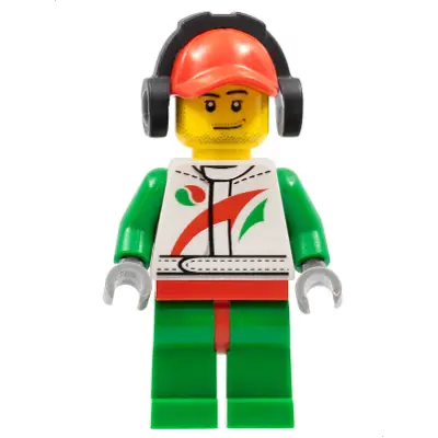 Race Car Mechanic, White Racing Suit with Octan Logo, Red Cap with Hole, Headphones, Smirk and Stubble Beard