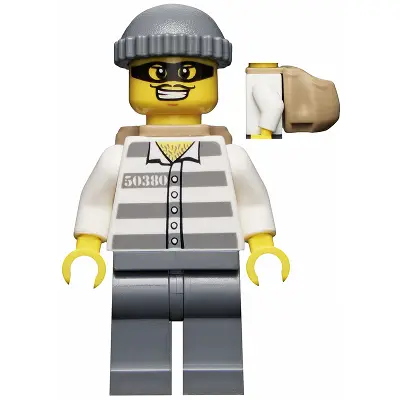 Police - Jail Prisoner 50380 Prison Stripes, Dark Bluish Gray Legs, Dark Bluish Gray Knit Cap, Backpack, Mask
