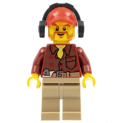 Flannel Shirt with Pocket and Belt, Dark Tan Legs, Red Cap with Hole, Headphones, Beard