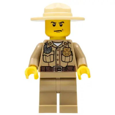 Forest Police - Dark Tan Shirt with Pockets, Radio and Gold Badge, Dark Tan Legs, Campaign Hat, Angry Eyebrows and Scowl