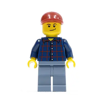 Plaid Button Shirt, Sand Blue Legs, Dark Red Short Bill Cap, Lopsided Smile with Dimple