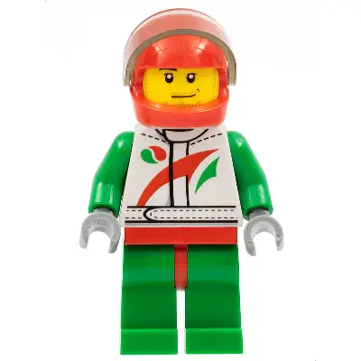 Race Car Driver, White Racing Suit with Octan Logo, Red Helmet with Trans-Brown Visor, Smirk and Stubble Beard