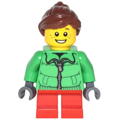 Winter Jacket Zipper, Red Short Legs, Reddish Brown Ponytail and Swept Sideways Fringe