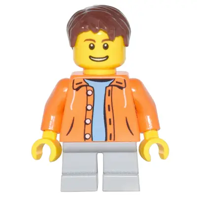 Orange Jacket with Hood over Light Blue Sweater, Light Bluish Gray Short Legs, Reddish Brown Short Tousled Hair