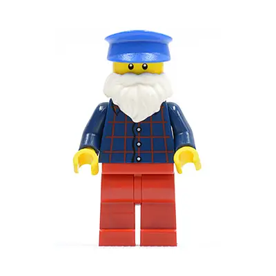 Plaid Button Shirt, Red Legs, White Short Beard, Blue Hat