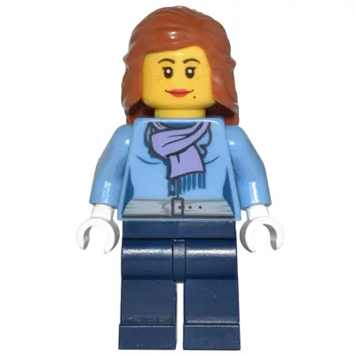 Medium Blue Jacket with Light Purple Scarf, Dark Blue Legs, Dark Orange Female Hair Mid-Length