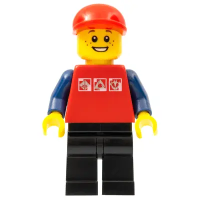 Red Shirt with 3 Silver Logos, Dark Blue Arms, Black Legs, Red Short Bill Cap, Freckles