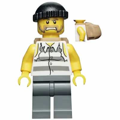 Police - Jail Prisoner Shirt with Prison Stripes and Torn out Sleeves, Dark Bluish Gray Legs, Black Knit Cap, Backpack