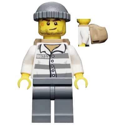 Police - Jail Prisoner 86753 Prison Stripes, Dark Bluish Gray Knit Cap, Backpack, Crooked Smile and Scar