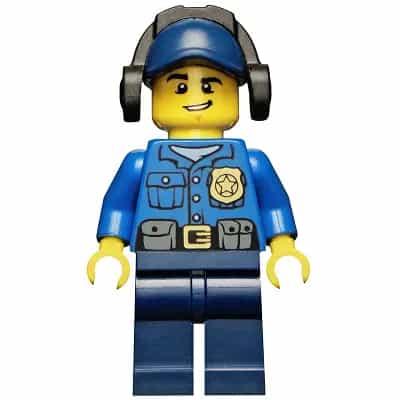 Police - City Officer, Gold Badge, Dark Blue Cap with Hole, Headphones, Lopsided Grin