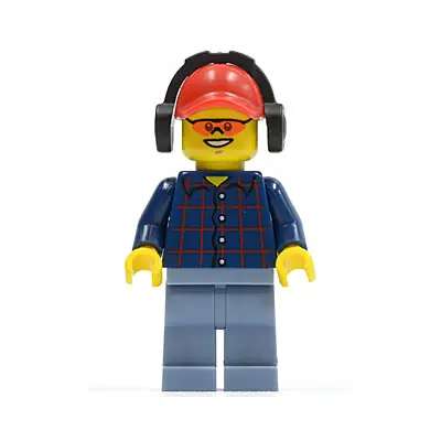 Plaid Button Shirt, Sand Blue Legs, Red Cap with Hole, Black Headphones