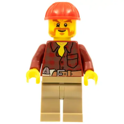 Flannel Shirt with Pocket and Belt, Dark Tan Legs, Red Construction Helmet, Beard