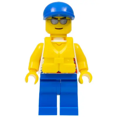 Tank Top with Surfer Silhouette, Blue Legs, Blue Short Bill Cap, Life Jacket Center Buckle, Silver Sunglasses