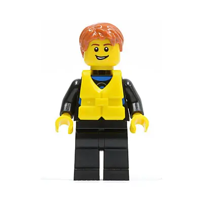 Wetsuit with Blue Sign, Black Legs, Dark Orange Short Tousled Hair, Life Jacket Center Buckle, Open Grin