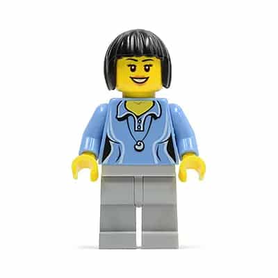 Medium Blue Female Shirt with Two Buttons and Shell Pendant, Light Bluish Gray Legs, Black Bob Cut Hair