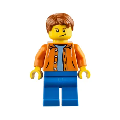 Orange Jacket with Hood over Light Blue Sweater, Blue Legs, Dark Orange Short Tousled Hair, Crooked Smile with Black Dimple