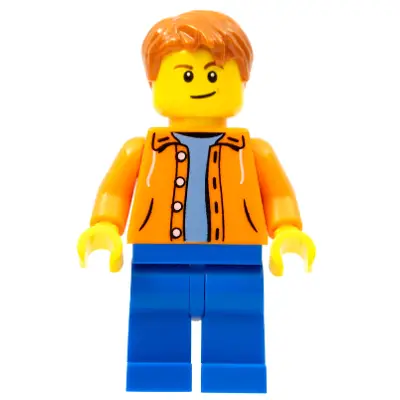 Orange Jacket with Hood over Light Blue Sweater, Blue Legs, Dark Orange Short Tousled Hair, Crooked Smile with Brown Dimple