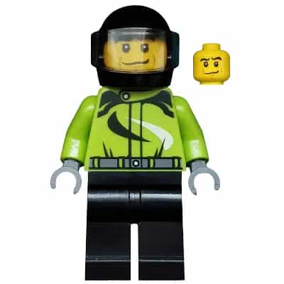 Monster Truck Driver, Racing Suit with Black and White Swirls, Black Helmet with Trans-Brown Visor, Crooked Smile