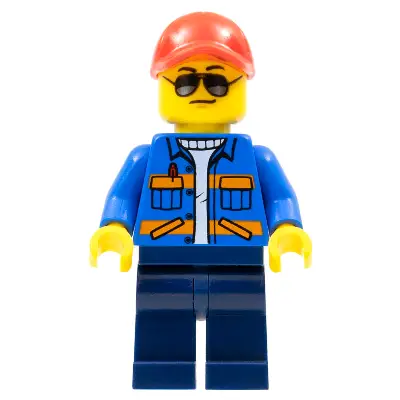 Blue Jacket with Diagonal Lower Pockets and Orange Stripes, Dark Blue Legs, Red Cap with Hole, Sunglasses with Back Print