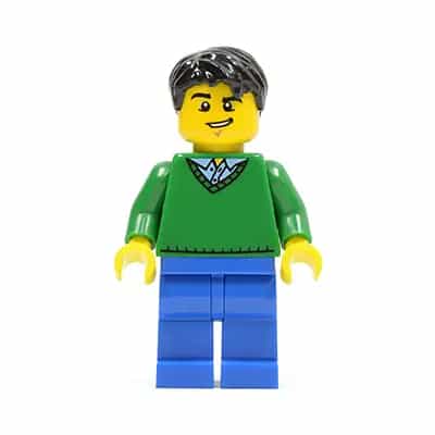 Green V-Neck Sweater, Blue Legs, Black Short Tousled Hair, Lopsided Grin