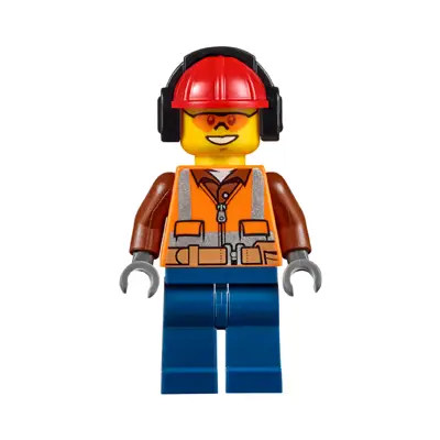Construction Worker - Male, Orange Safety Vest, Reflective Stripes, Reddish Brown Shirt, Dark Blue Legs, Red Construction Helmet with Black Ear Protectors / Headphones, Safety Glasses