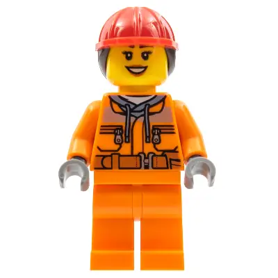 Construction Worker - Female, Orange Safety Jacket, Reflective Stripe, Sand Blue Hoodie, Orange Legs, Red Construction Helmet with Dark Brown Ponytail Hair, Dark Orange Lips