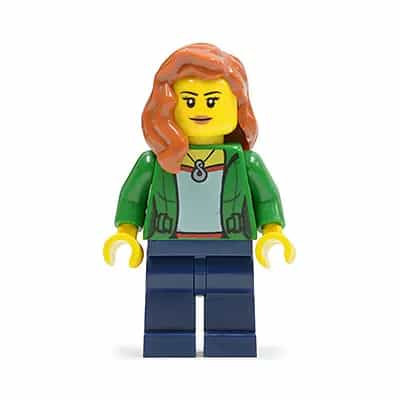 Green Female Jacket Open with Necklace, Dark Blue Legs, Dark Orange Female Hair over Shoulder