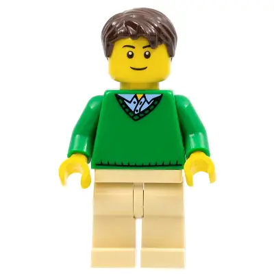 Green V-Neck Sweater, Tan Legs, Dark Brown Short Tousled Hair, Thin Grin
