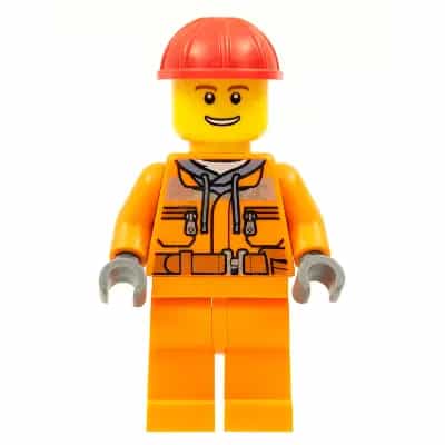 Construction Worker - Male, Orange Safety Jacket, Reflective Stripe, Sand Blue Hoodie, Orange Legs, Red Construction Helmet, Thin Grin with Teeth