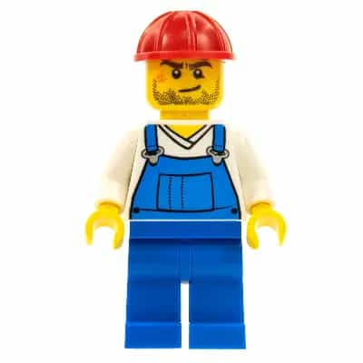Overalls Blue over V-Neck Shirt, Blue Legs, Red Construction Helmet, Crooked Smile and Scar