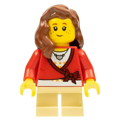 Sweater Cropped with Bow, Heart Necklace, Tan Short Legs, Reddish Brown Female Hair over Shoulder