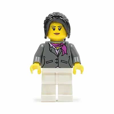 Dark Bluish Gray Jacket with Magenta Scarf, White Legs, Black Hair Ponytail Long with Side Bangs (City Square Car Saleswoman)