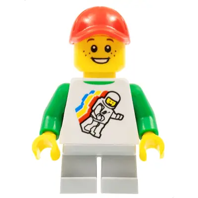 Classic Space Minifigure Floating Pattern, Light Bluish Gray Short Legs, Red Cap with Hole