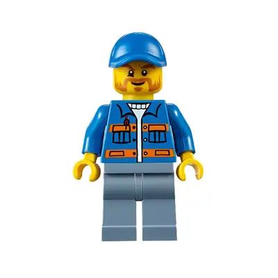 Blue Jacket with Pockets and Orange Stripes, Sand Blue Legs, Blue Short Bill Cap, Beard